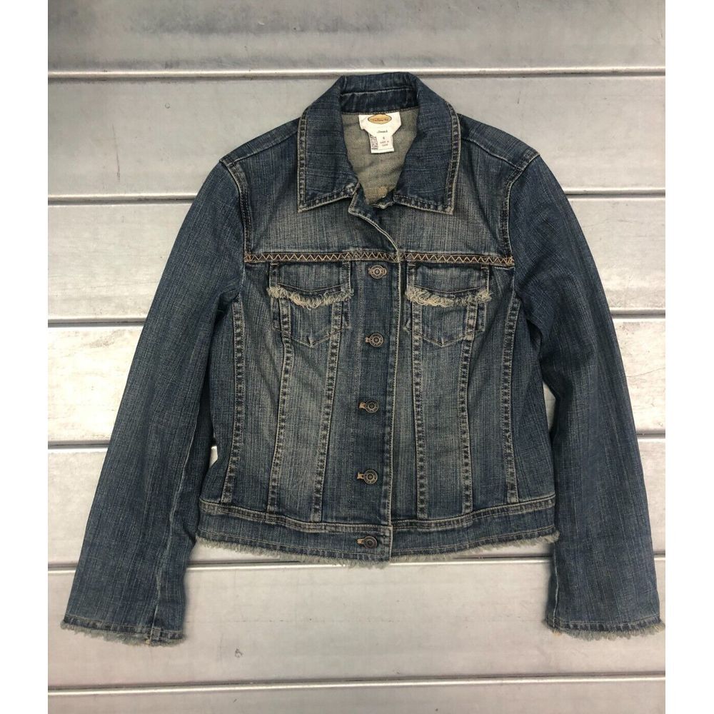 Talbots Denim Jacket Womens 6 Blue Frayed Hem Streetwear Stretch Outdoor Boho